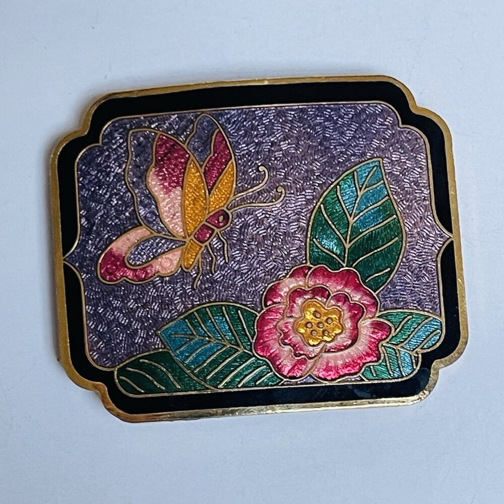 Vintage Cloisonne Butterfly Floral Blue Pink Belt Buckle Bolo Tie Grunger Garden